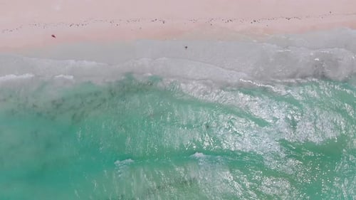 Tropischer Strand, von oben nach unten Luftaufnahme von Gezeiten, Wellen brechen an exotischer weißer Küste