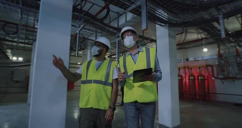 Engineers in Masks Examining Metal Structures in Workshop