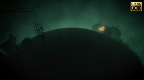 Spooky Halloween Graveyard Background with Glowing Pumpkins