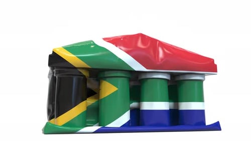 Deflating Bank or Government Building with Printed Flag of South Africa