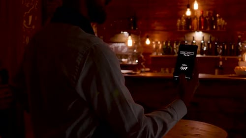 Waiter Gives a Voice Command to the Smartphone to Turn on the Lights
