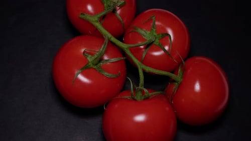 Top View of a Branch of Tomatoes Rotating on a Black Background