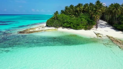 Aerial tourism of perfect coast beach journey by transparent sea and white sandy background of a day