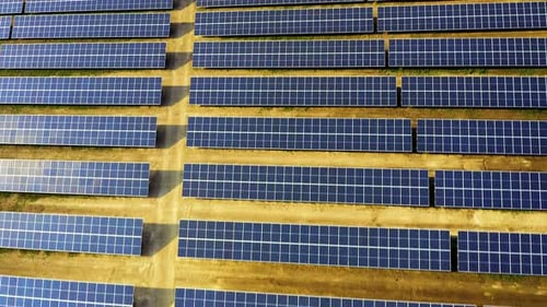 Luftaufnahme einer Solarpanel-Farm mit Reihen von Paneelen, die Energie aus der Sonne beziehen