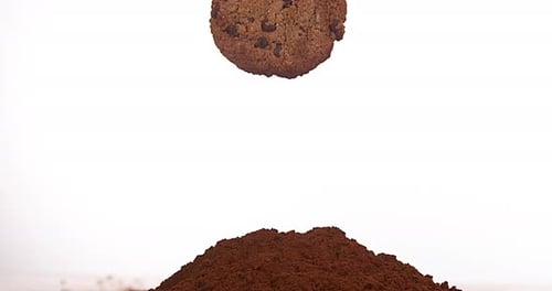 Cookie falling into Black Powder Chocolate, Slow Motion 4K