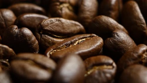 Rotation of Aromatic Roasted Coffee Beans. Close Up. Rotating