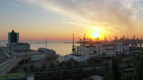 Aerial View of Port of Odessa at Sunrise Ukraine