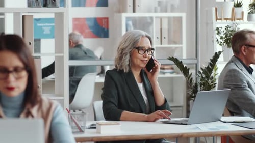 Senior Businesswoman Having Phone Talk and Using Laptop in Office
