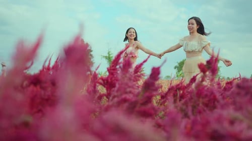 Two Women Hold Hands in Pink Flower Field