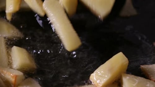 Cubed Potatoes Frying in Hot Oil