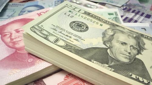 Stacks of Global Currency, US Dollar, Chinese Yuan