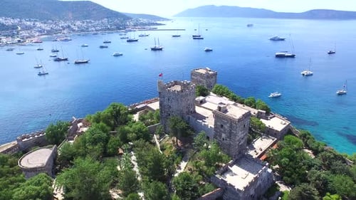 Yachts in Bodrum City Castle and Aegean Sea Bay in Anatolia Turkey