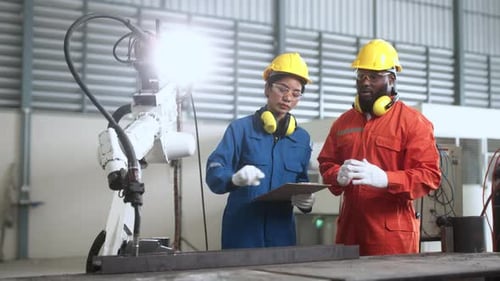 engineer cooperation male and female technician maintenance control relay robot
