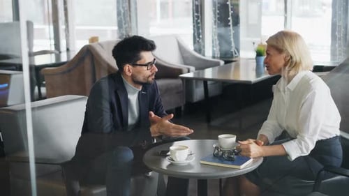 Mature Businesswoman Discussing Business with Successful Partner in Cafe