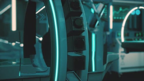 Escáner de resonancia magnética de ciencia ficción futurista: equipos médicos en el hospital