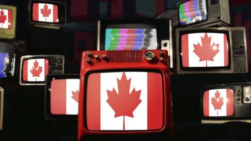 Vintage TVs Displaying Canadian Flag and Static
