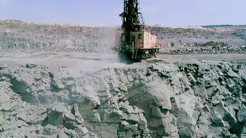 Drilling Rig Drills Granite for Stowing Explosives Slow Motion Industrial Extracting Rock or