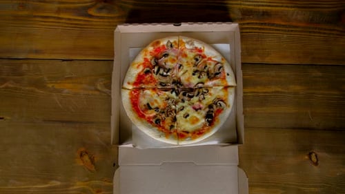 Top View Two People Hands Takes a Slice of Pizza