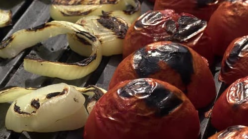 Oignons et tomates sur un barbecue 2