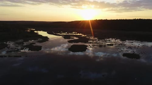 Wunderschöner Sonnenuntergang über wildem Sumpf und Wald