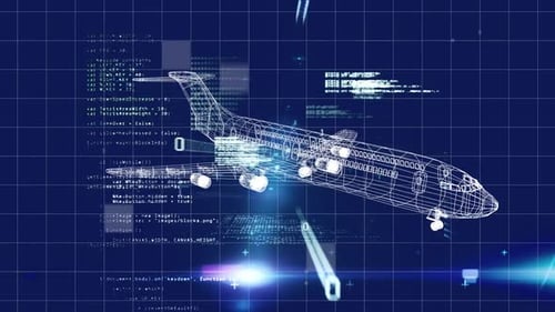 Futuristic Wireframe Airplane Model with Digital Data Overlay