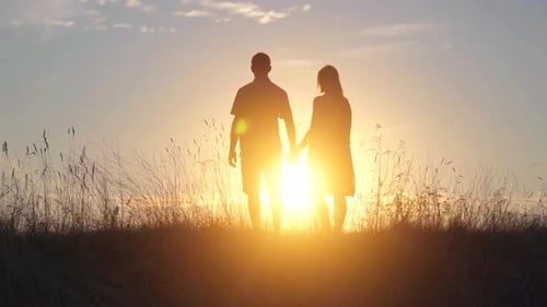 Happy Lovers Silhouettes Stand Against the Background of the Evening Sun.