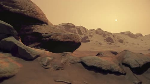 Animated Martian Landscape Flyover with Hazy Sky