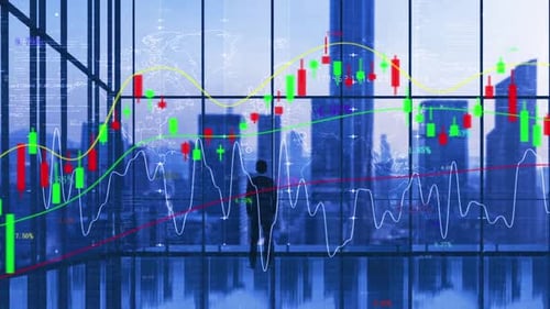 Inversión financiera: tendencia bursátil, edificio de oficinas, silueta de empresarios