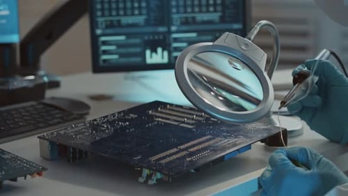 Soldering Circuit Board Close Up at Workplace