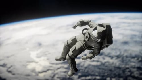 Astronaut Floating in Orbit Above Earth with Blue Planet