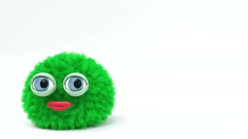 Animated Green Furry Creature Character Blinking Eyes Moving Mouth