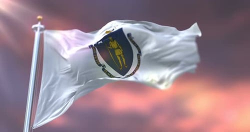Waving Massachusetts State Flag Animation Against a Golden Sky