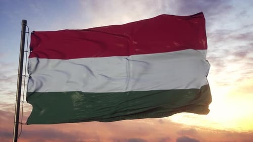 Hungary Flag Waving Against a Beautiful Sunset Sky