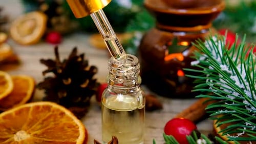 Aromatherapy Oil with Holiday Decoration Close Up