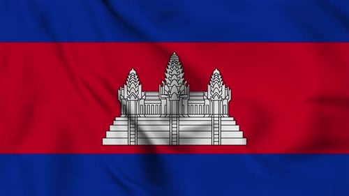 Waving Flag of Cambodia with Angkor Wat National Emblem