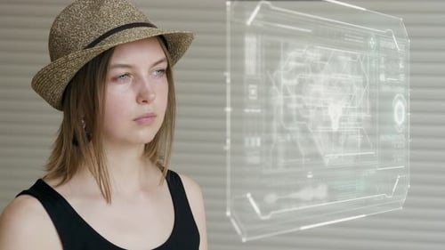 Jeune fille appuie sur l'écran conceptuel de l'interface utilisateur futuriste