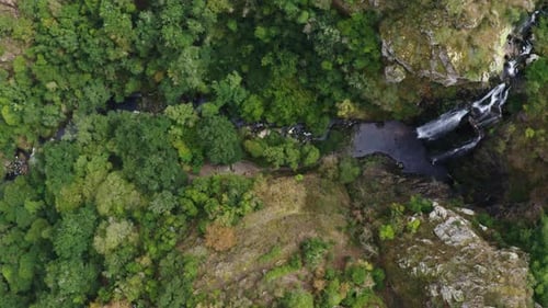 Aerial view of Fervenza do Toxa waterfall, Pontevedra, Galicia, Spain
