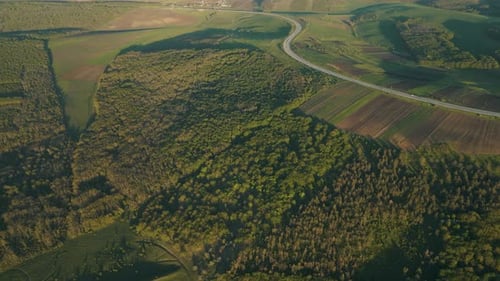 Aerial Drone View Flight Over Forest and Asphalt Road in Sunset Soft Light