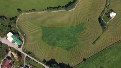 Vue De Dessus De L'herbe Andainée Fauchée Par Un Tracteur Pour L'ensilage À La Ferme De Rogaland, En Norvège. vue aérienne