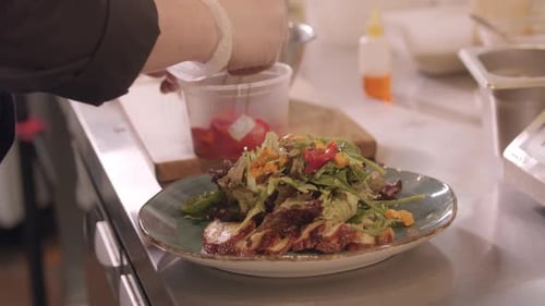 Restaurant Cooking Chef Serves Vegetable Salad with Fish on a Plate