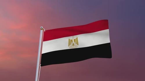 Waving Egyptian Flag on Pole with Sunset Sky Background
