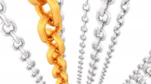 Cadenas abstractas de metal brillante levantándose con cadena dorada en la parte delantera - 4K