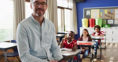 Positive Teacher Smiles in Sunny Classroom with Students