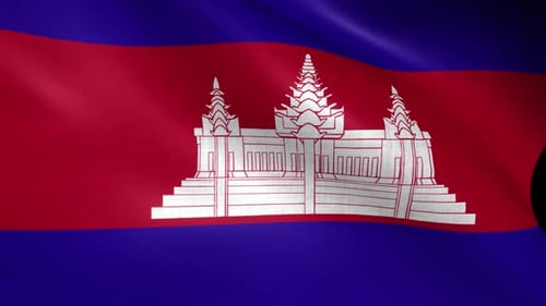 Waving Flag of Cambodia with Angkor Wat Temple