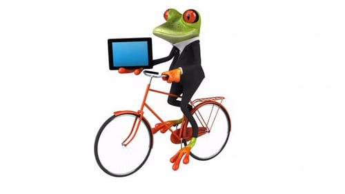 3D Animated Business Frog on Bicycle Holding Tablet