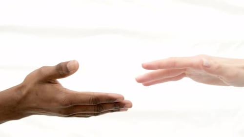 Hands Close Up Multiracial Couple African Man and Caucasian Woman Romantically Touch Each Other