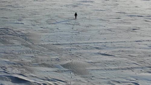 Aerial Top View of a Man with a Backpack Walking By the Tundra.