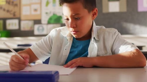 Boy Concentrates on Writing at School Desk