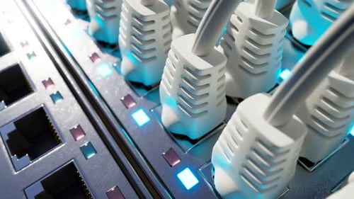 Data Connection: Network Cables with Blinking Lights on Server