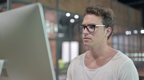 Close Up Shoot Young Guy Working on Computer
